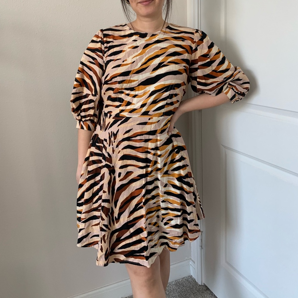 a new day Beige, Black & Mustard Zebra-Print Puff-Sleeve Dress